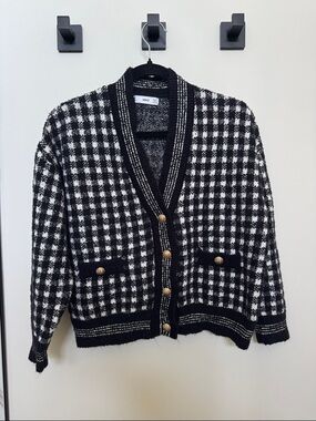 Mango Black & White Checked Knit Cardigan with Gold Buttons